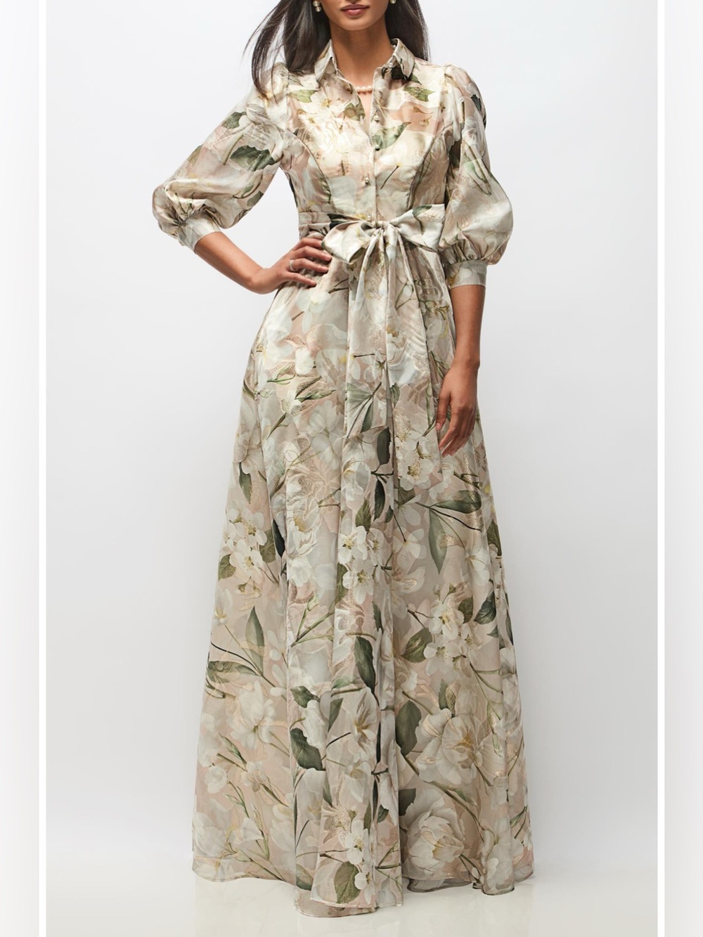 new After Six Marie Metallic Floral Tie Waist Organza Gown plumeria floral print